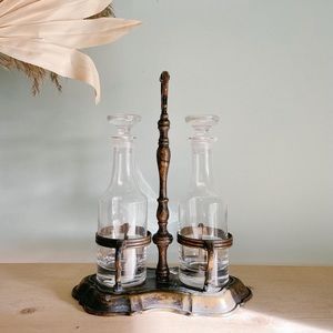 SOLD Italian brass holder and glass cruet set.